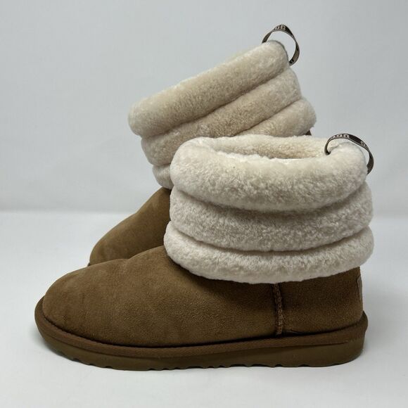 UGG Fluff Mini Quilted Chestnut Suede Sheepskin Boots Kids Size 6 1103612K